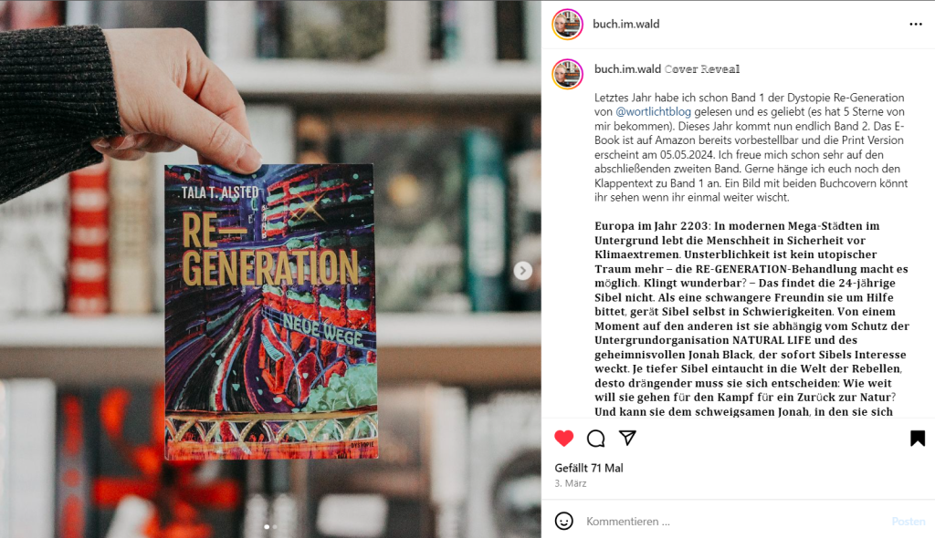 Screenshot vom Instagram-Post von @buch_im_wald, die das Buchcover von RE-GENERATION - Neue Wege vor ihr Bücherregal hält