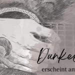 Gezeichnete Hand mit Halbmondtattoo spielt Gitarre, dazu das Buchcover von "Dunkellied" von Tala T. Alsted