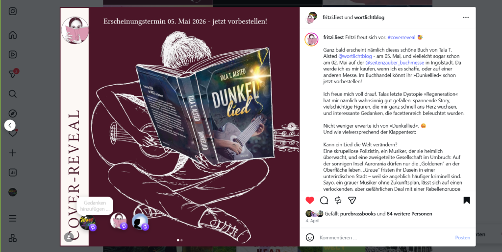 Screenshot eines Instagram-Posts zum Cover-Reveal von "Dunkellied" von Tala T. Alsted - mit lesender Person, die Gitarre spielt