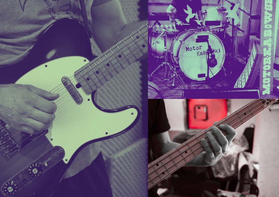 Bildcollage mit Gitarrist, Bassist und Schlgazeuger in monochromen Farben