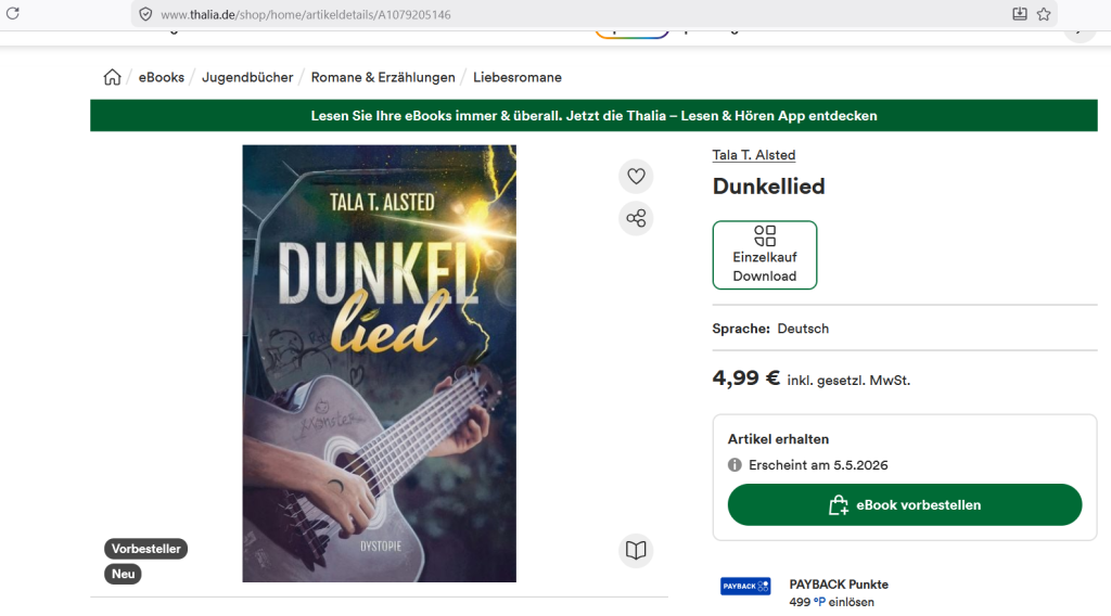 Screenshot der Shop-Seite von Thalia, wo man das E-Book "Dunkellied" vorbestellen kann